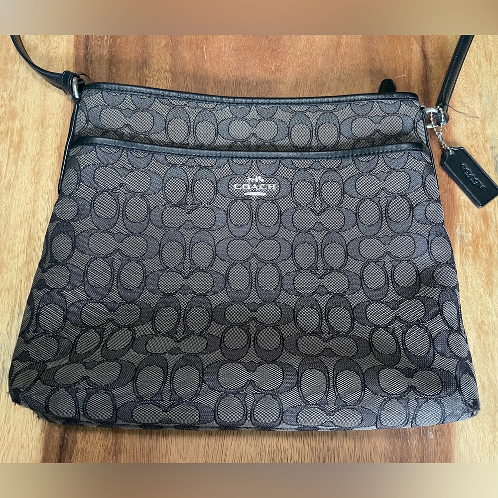 Coach Black Signature Jacquard Crossbody File Bag Leather Trim
